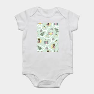 Childish seamless pattern with princess and dragon green background Baby Bodysuit